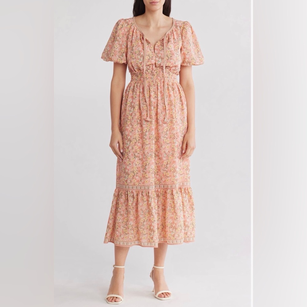 Max Studio Coral Tossed Medow Bubble Sleeve Tiered Maxi Dress‎